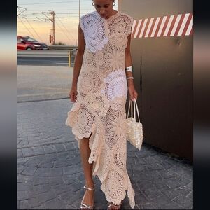 RARE ZARA LIMITED EDITION NWT CROCHET KNIT ASYMMETRICAL DRESS  Beige